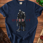 Dark navy t-shirt with a detailed knight illustration and red text "OVER IT".