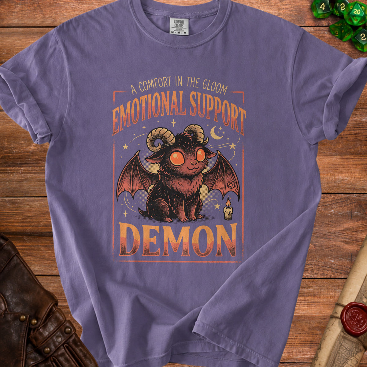 Purple t-shirt with "Emotional Support Demon" text and a cute demon illustration.