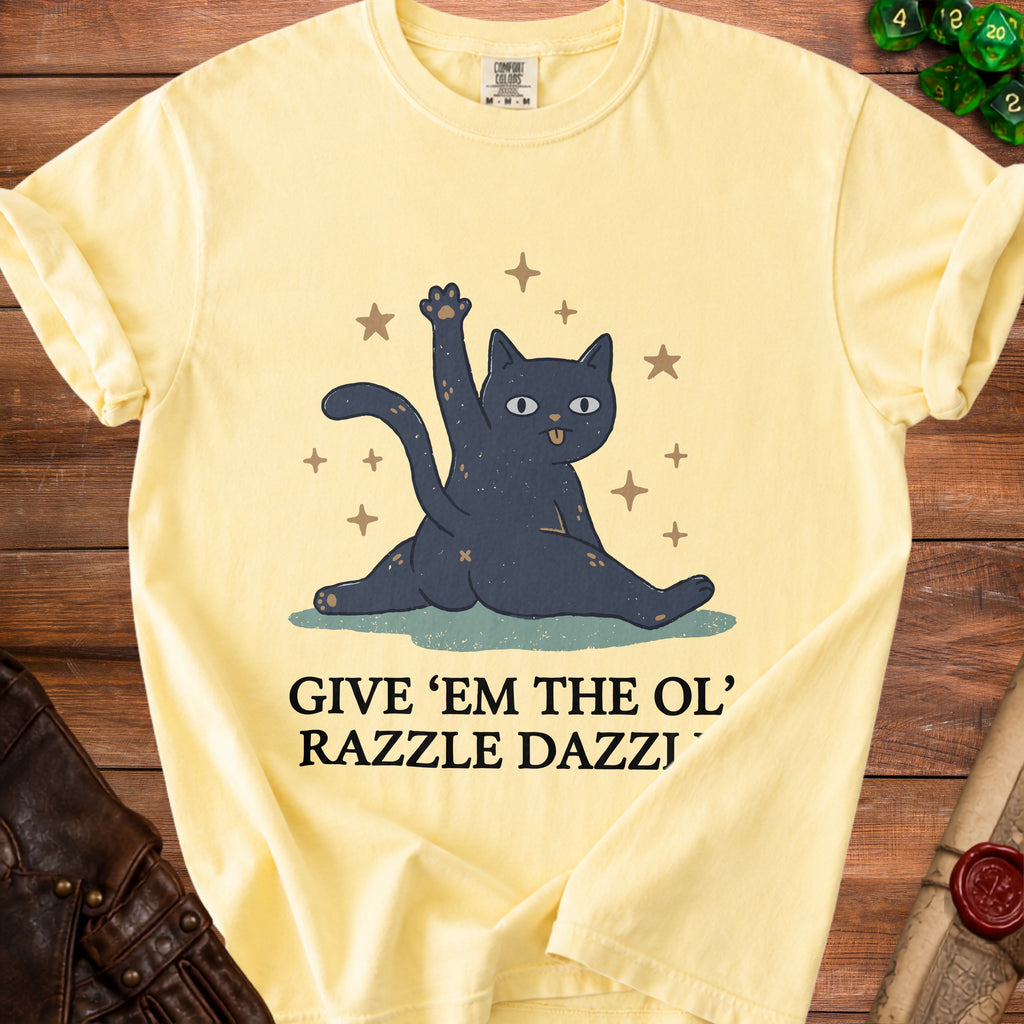 Yellow t-shirt with a black cat graphic and the text "GIVE 'EM THE OL' RAZZLE DAZZI".
