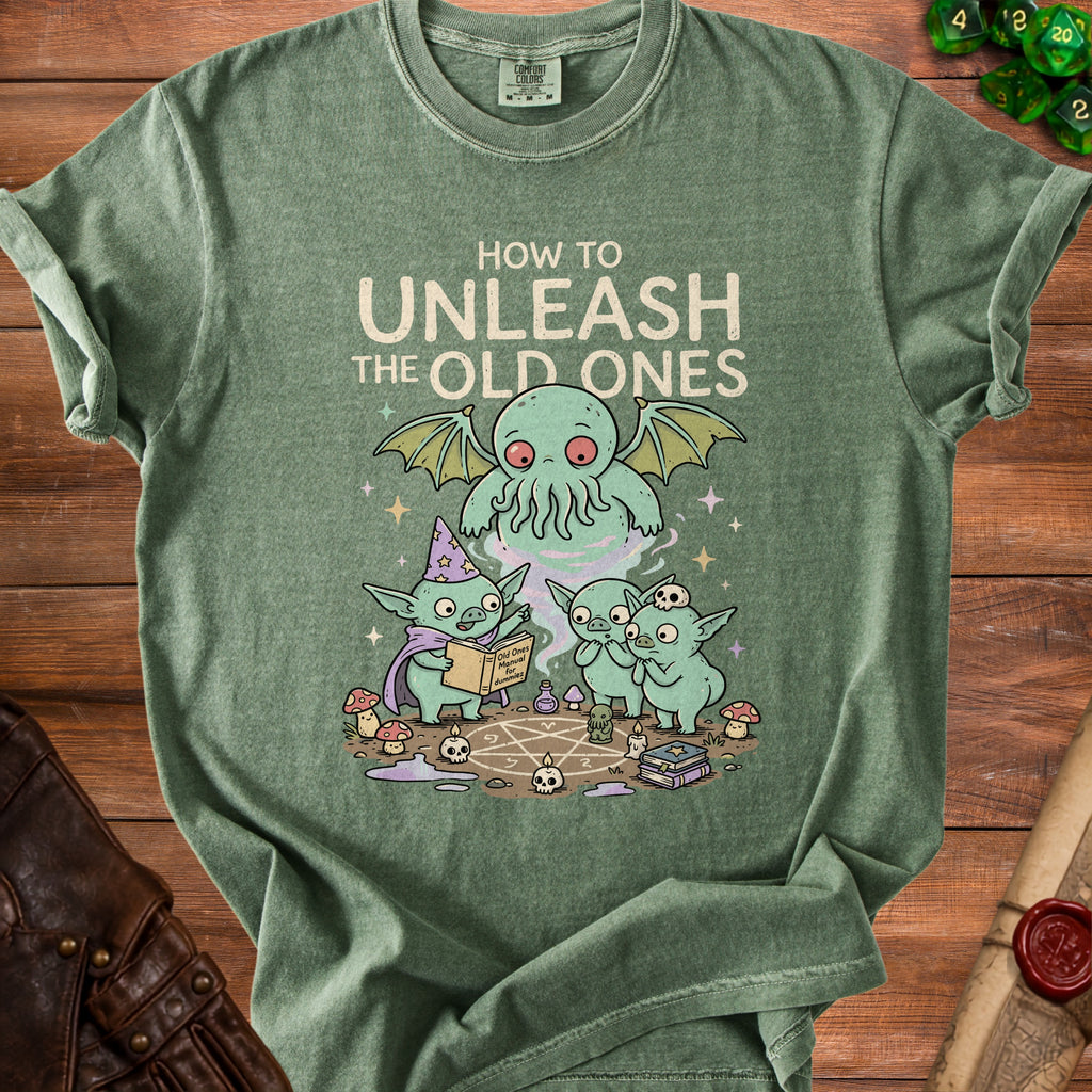 Green t-shirt with "How to Unleash the Old Ones" and cartoon Cthulhu summoning scene.