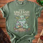Green t-shirt with "How to Unleash the Old Ones" and cartoon Cthulhu summoning scene.