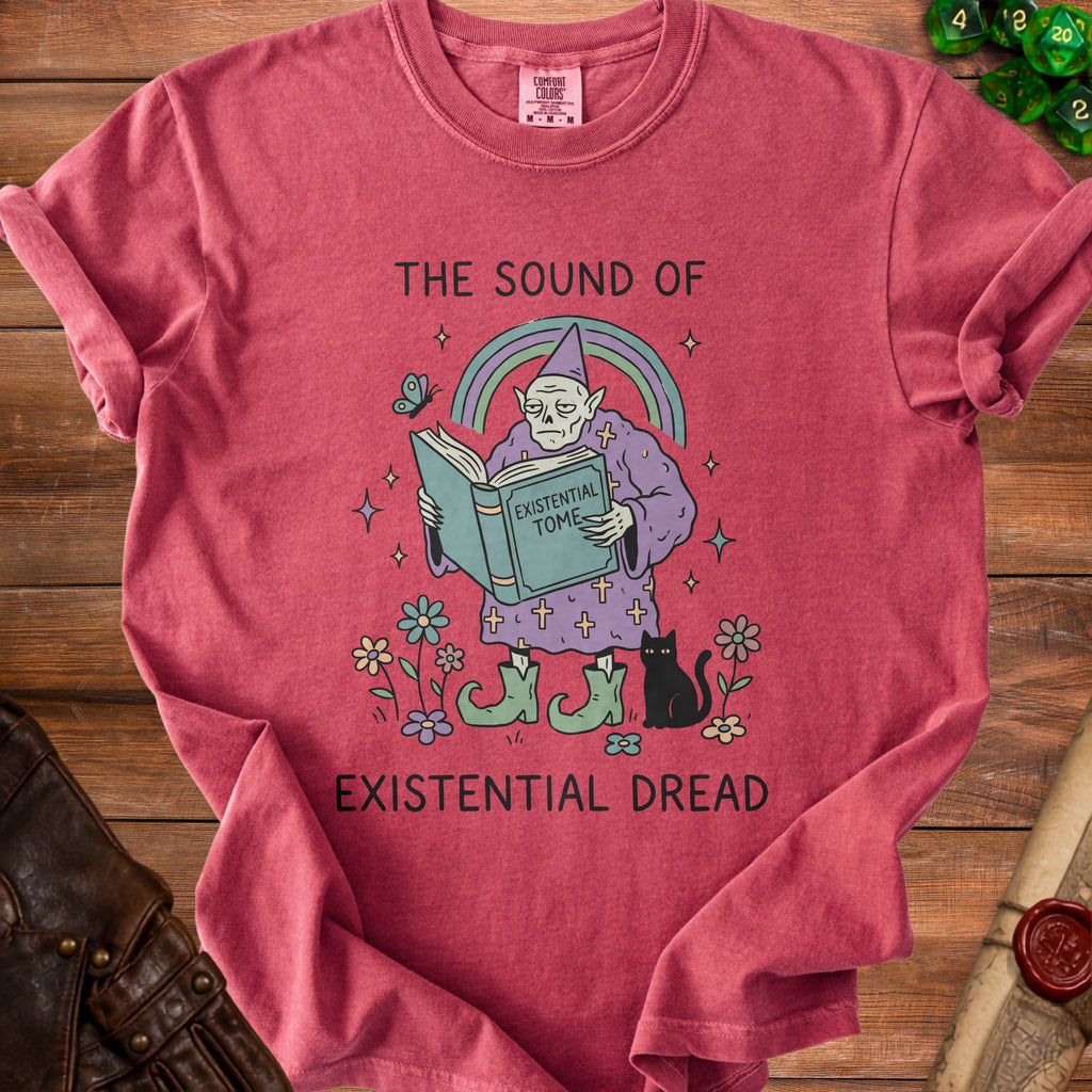 T-shirt with illustration of a tired wizard reading a book titled "Existential Tome."