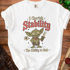 White t-shirt with a cartoon goblin holding a dagger and text "I Cherish Stability - The Ability to Stab".