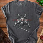 Dark gray t-shirt with fallen knight graphic and text "DONE SO DONE".