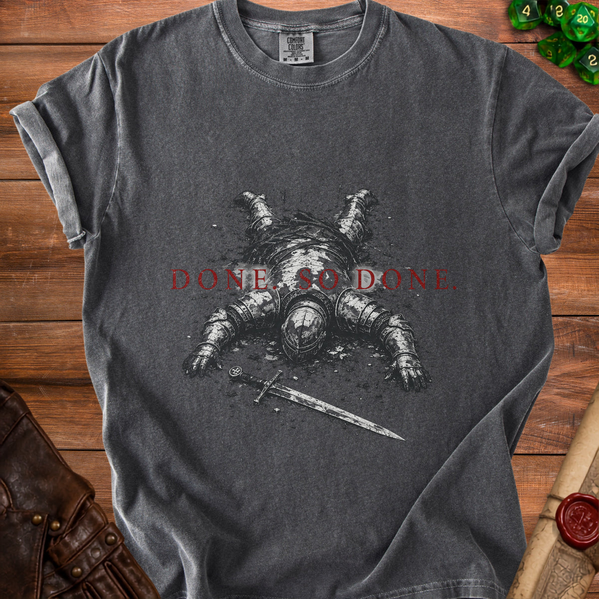 Dark gray t-shirt with fallen knight graphic and text "DONE SO DONE".