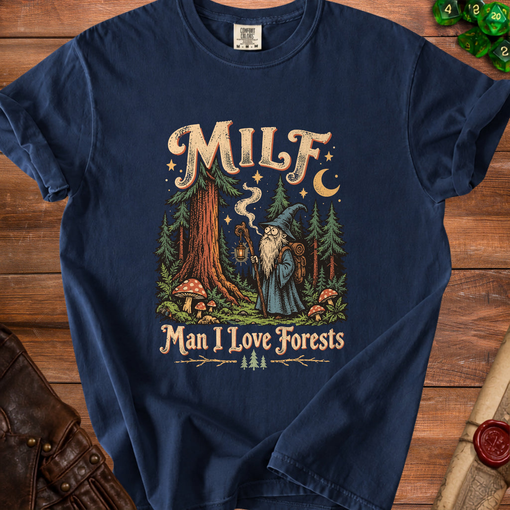 Navy t-shirt with wizard in forest graphic, text "MILF Man I Love Forests".