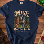 Navy t-shirt with wizard in forest graphic, text "MILF Man I Love Forests".