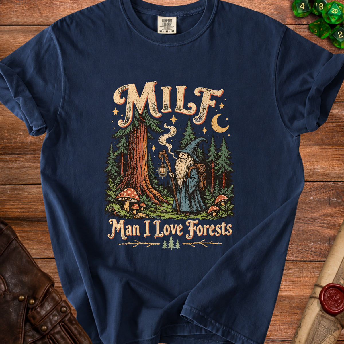Navy t-shirt with wizard in forest graphic, text "MILF Man I Love Forests".