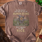 T-shirt with illustration of a potato character in a wizard hat saying "Human Beans" and "We Will Rice."