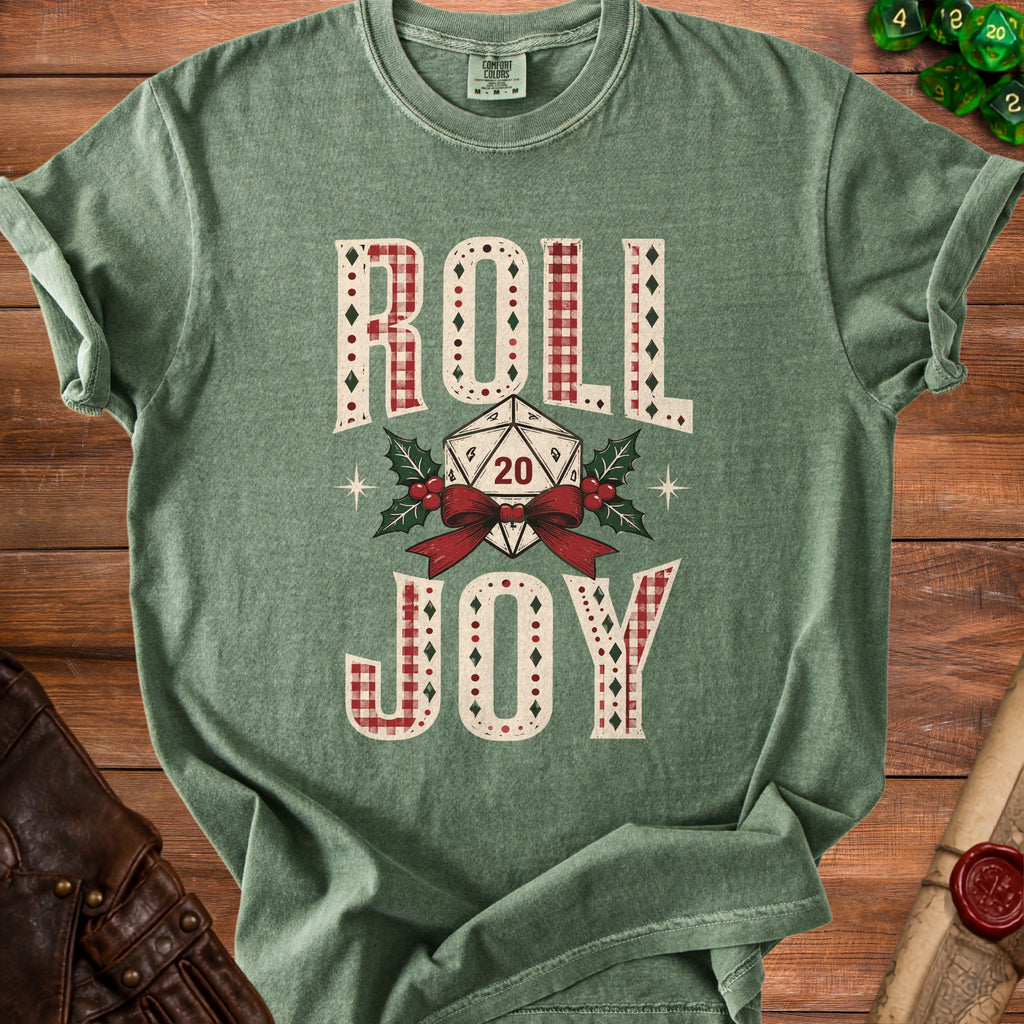 Green t-shirt with "ROLL JOY" text, a d20 die, and holiday accents.