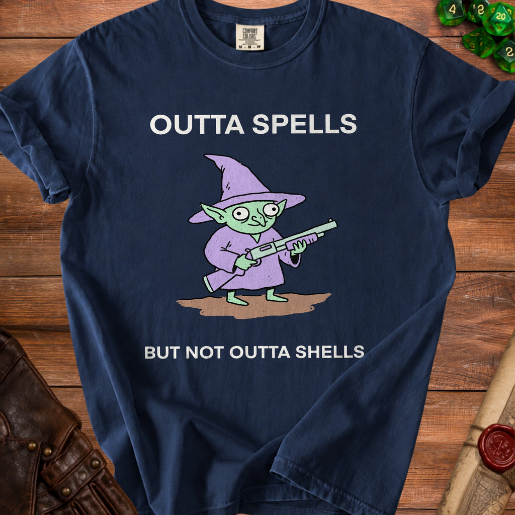 Navy t-shirt with cartoon goblin wizard holding shotgun and text "OUTTA SPELLS BUT NOT OUTTA SHELLS".