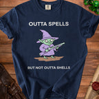 Navy t-shirt with cartoon goblin wizard holding shotgun and text "OUTTA SPELLS BUT NOT OUTTA SHELLS".