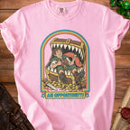 Pink t-shirt with character opening a treasure chest filled with gold coins.