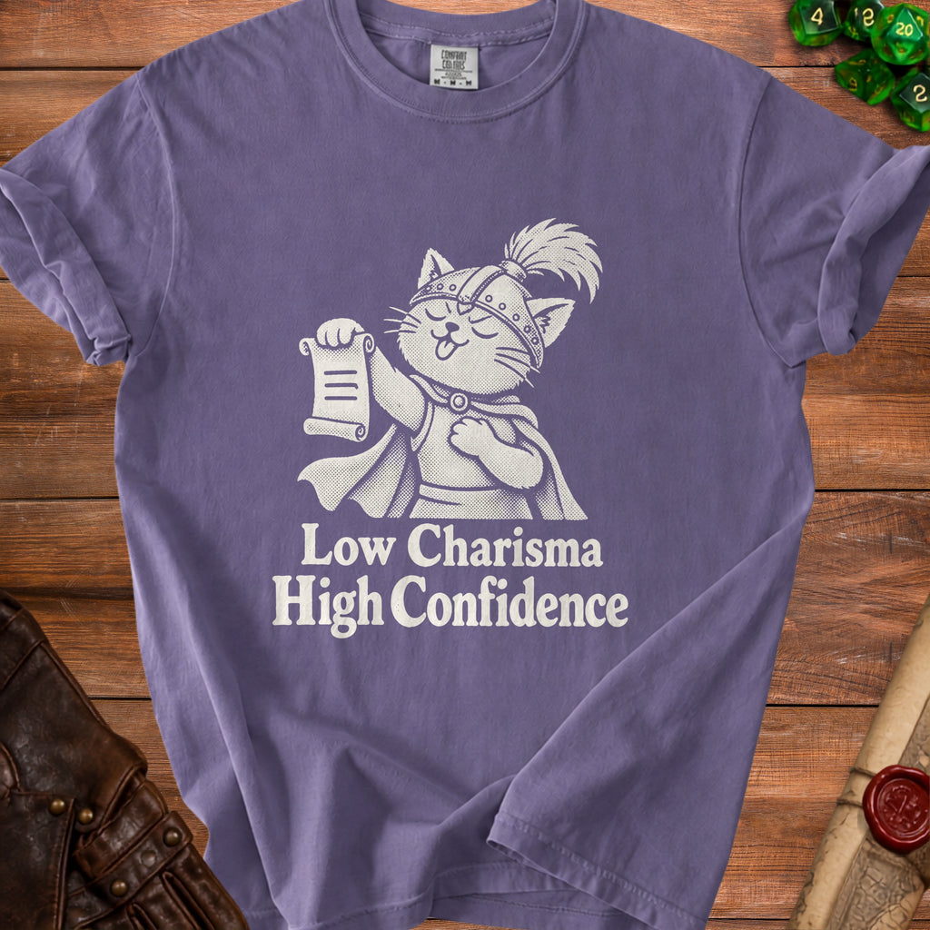 Purple t-shirt with a white graphic of a cat in armor holding a scroll.