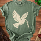 Green t-shirt with a cream-colored dove holding a sword in its beak.