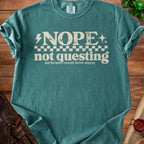 Teal t-shirt with "Nope not questing and the tavern sounds better anyway" text.
