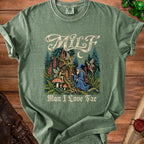 Green t-shirt with "MILF Man I Love Fae" text and wizard and fairy fantasy forest graphic.