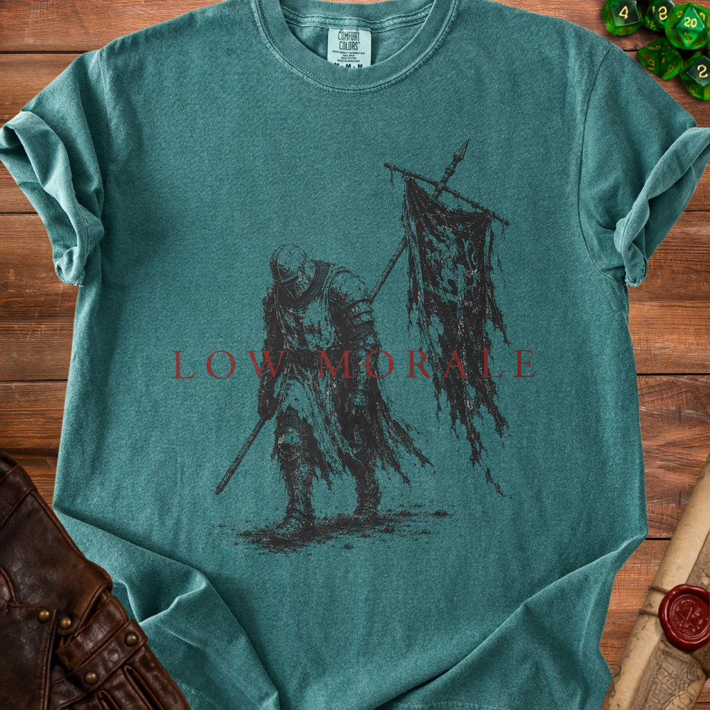 Teal t-shirt with knight graphic and text "LOW MORALE".