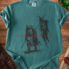 Teal t-shirt with knight graphic and text "LOW MORALE".