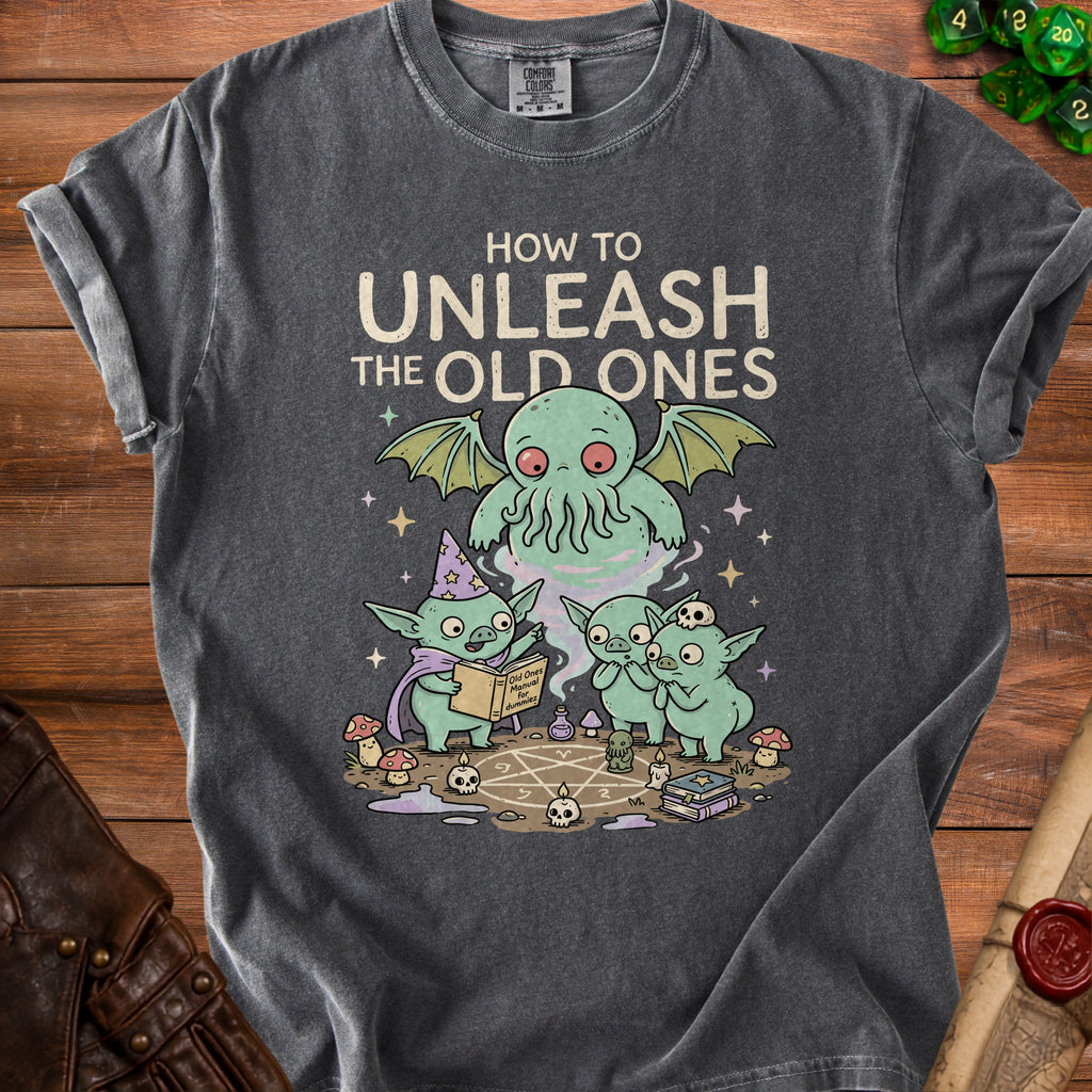 Dark gray t-shirt with "How to Unleash the Old Ones" and Cthulhu-like creatures illustration.