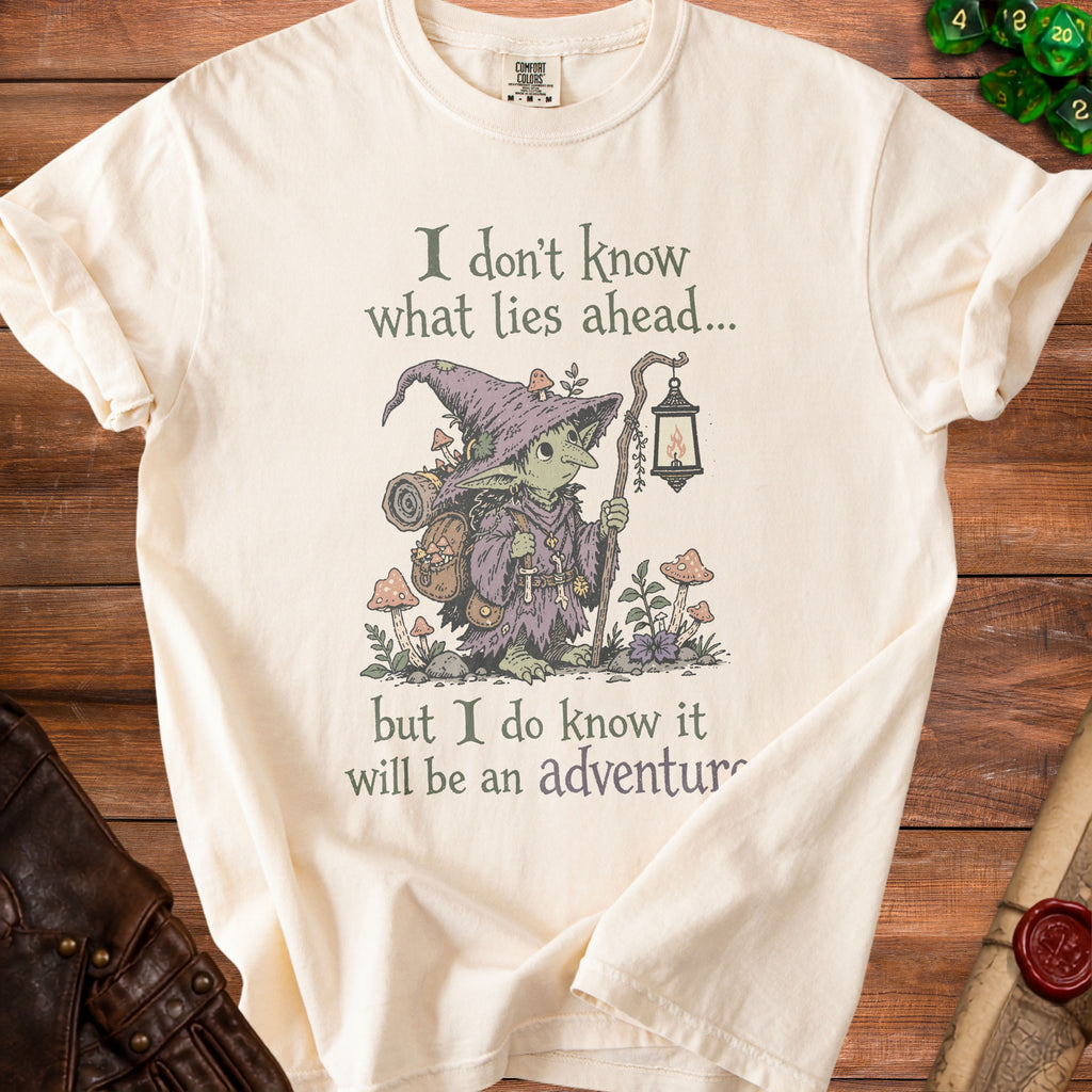 Cream t-shirt with illustration of a goblin adventurer and text.