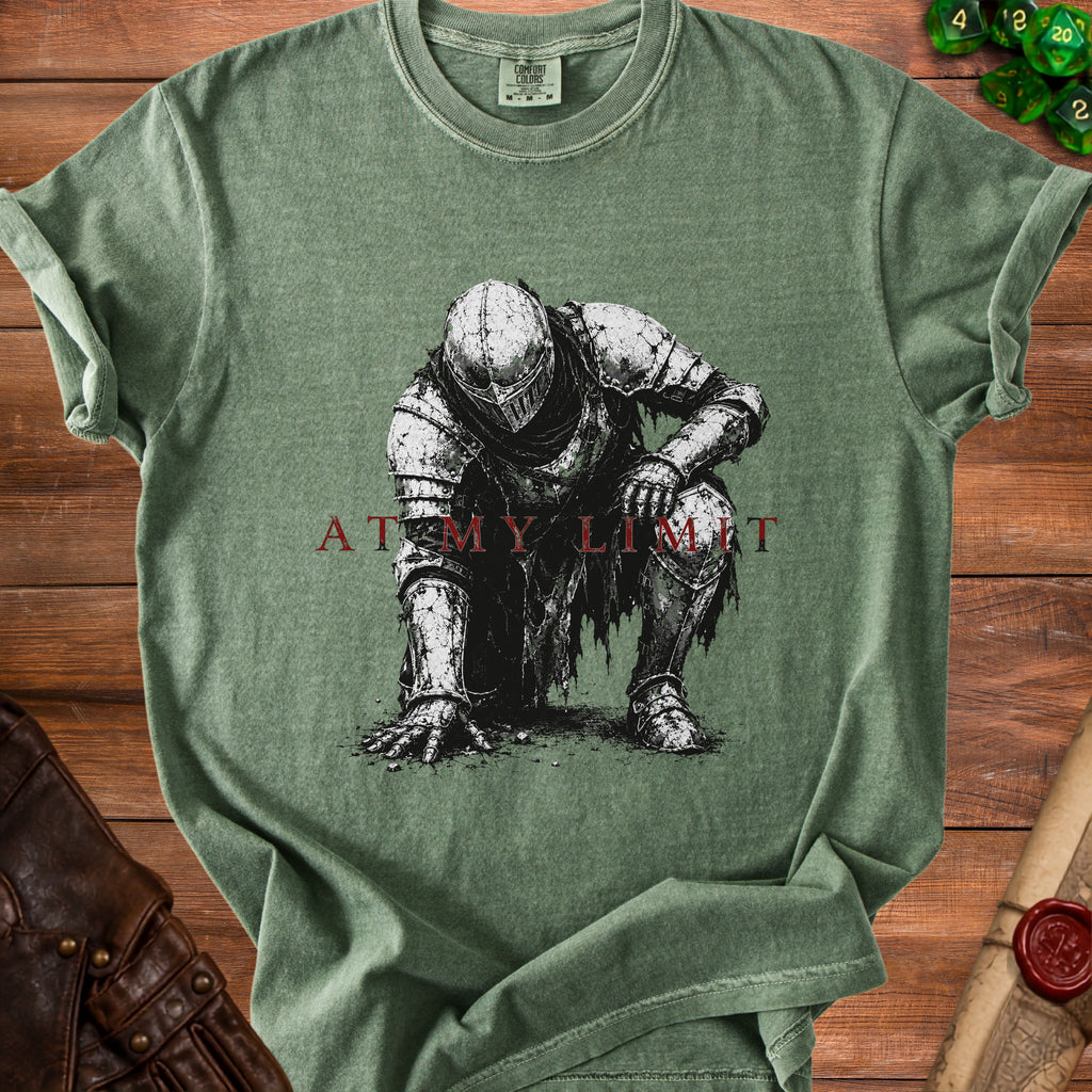 Green t-shirt with a kneeling knight graphic and text "AT MY LIMIT".