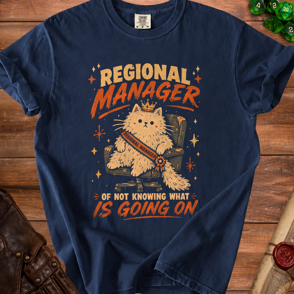 Navy t-shirt with a cat wearing a crown and sash, reading "Regional Manager".