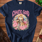 Navy t-shirt with a knight cat, rainbow, butterflies, and flowers, reading "Chaotic Good".