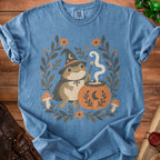 Blue t-shirt with a cartoon wizard frog and cauldron graphic.