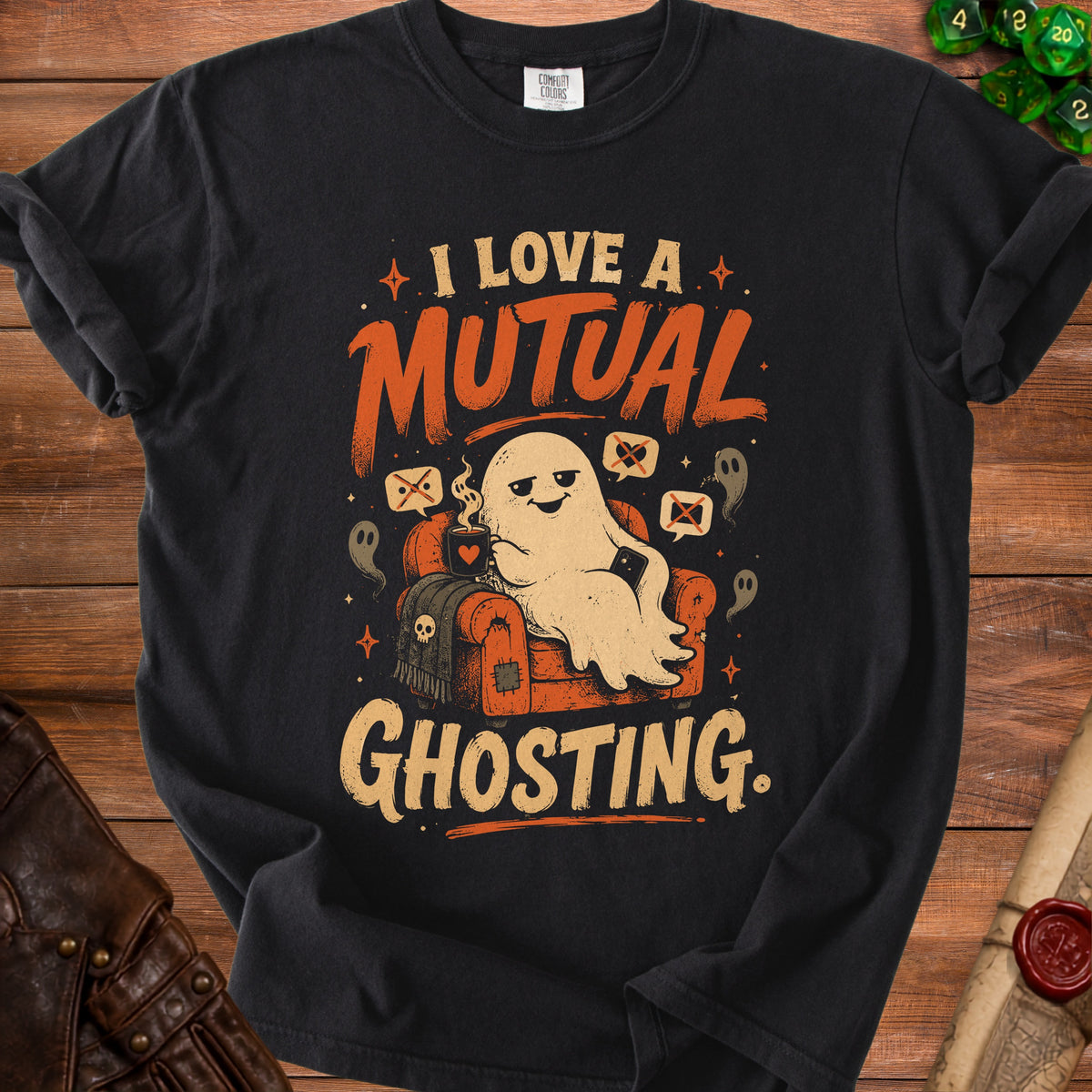 Black t-shirt with ghost graphic and text "I LOVE A MUTUAL GHOSTING".