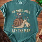 Knight mouse riding snail, eating map, with text "My Noble Steed Ate The Map".