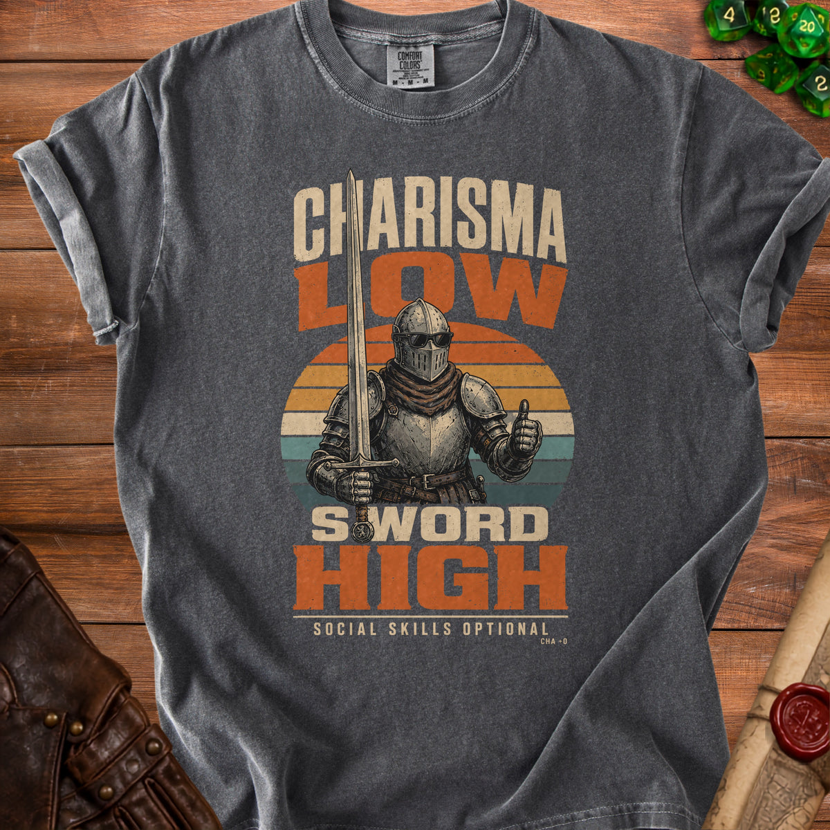 Charisma Low, Sword High t-shirt with knight graphic and text.