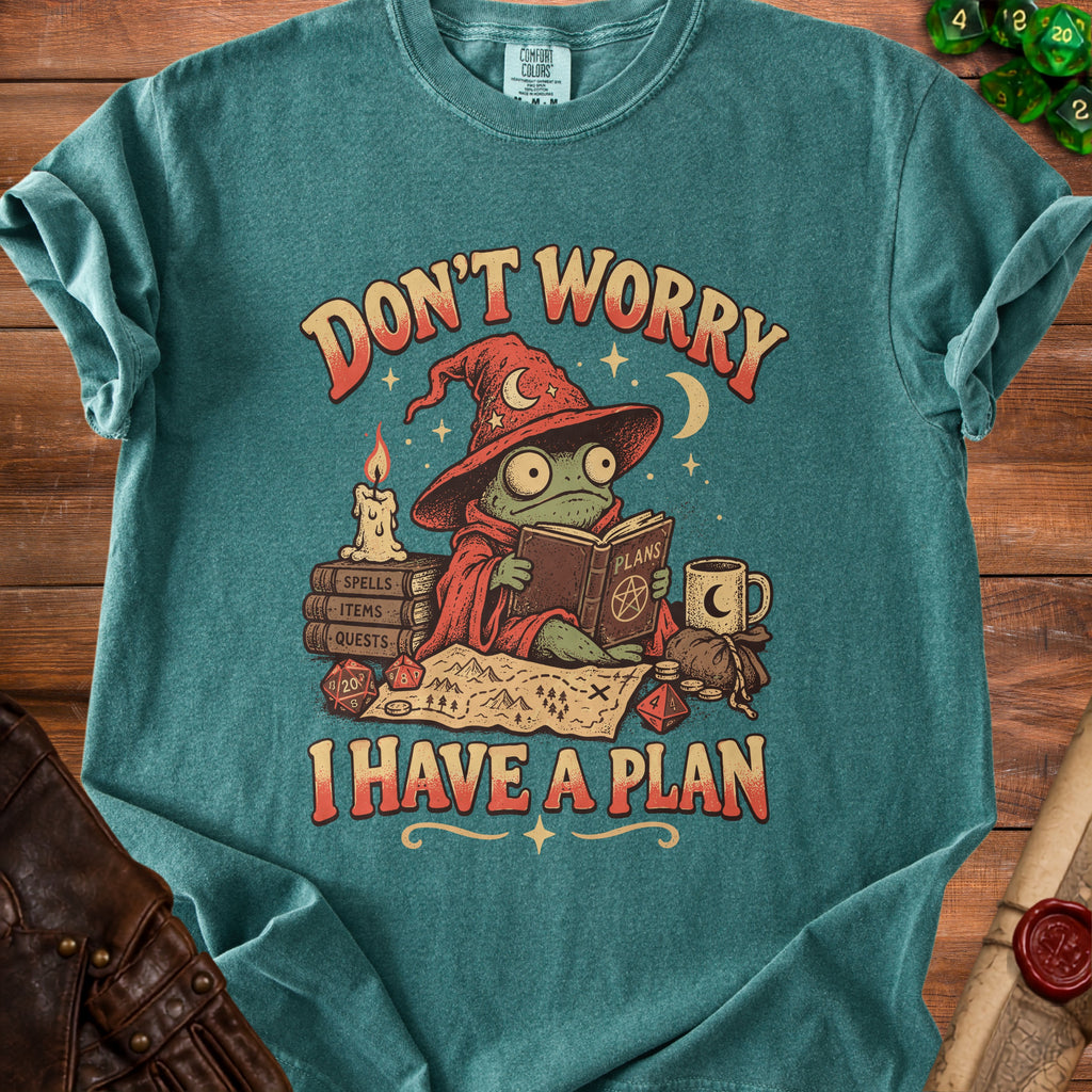 Frog wizard reading a book titled "Plans" on a map with dice and a candle.