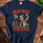 Navy t-shirt with skeleton, cat, coffee mug, and text "Dead Inside? Don't forget to drink coffee!"