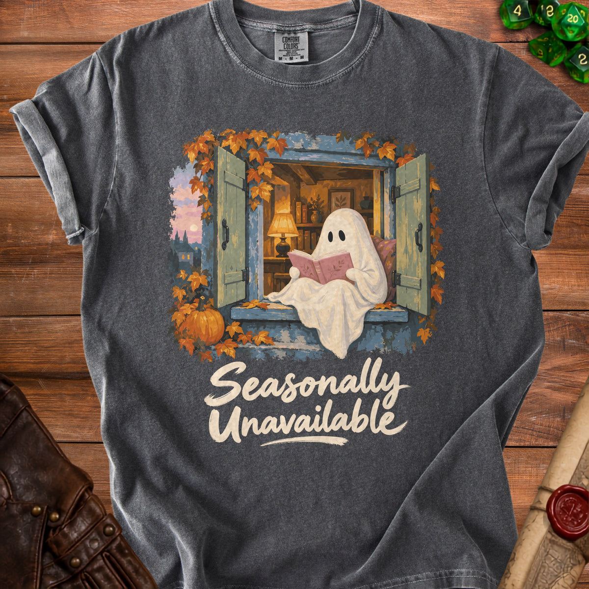 Ghost reading a book in a window with text "Seasonally Unavailable".