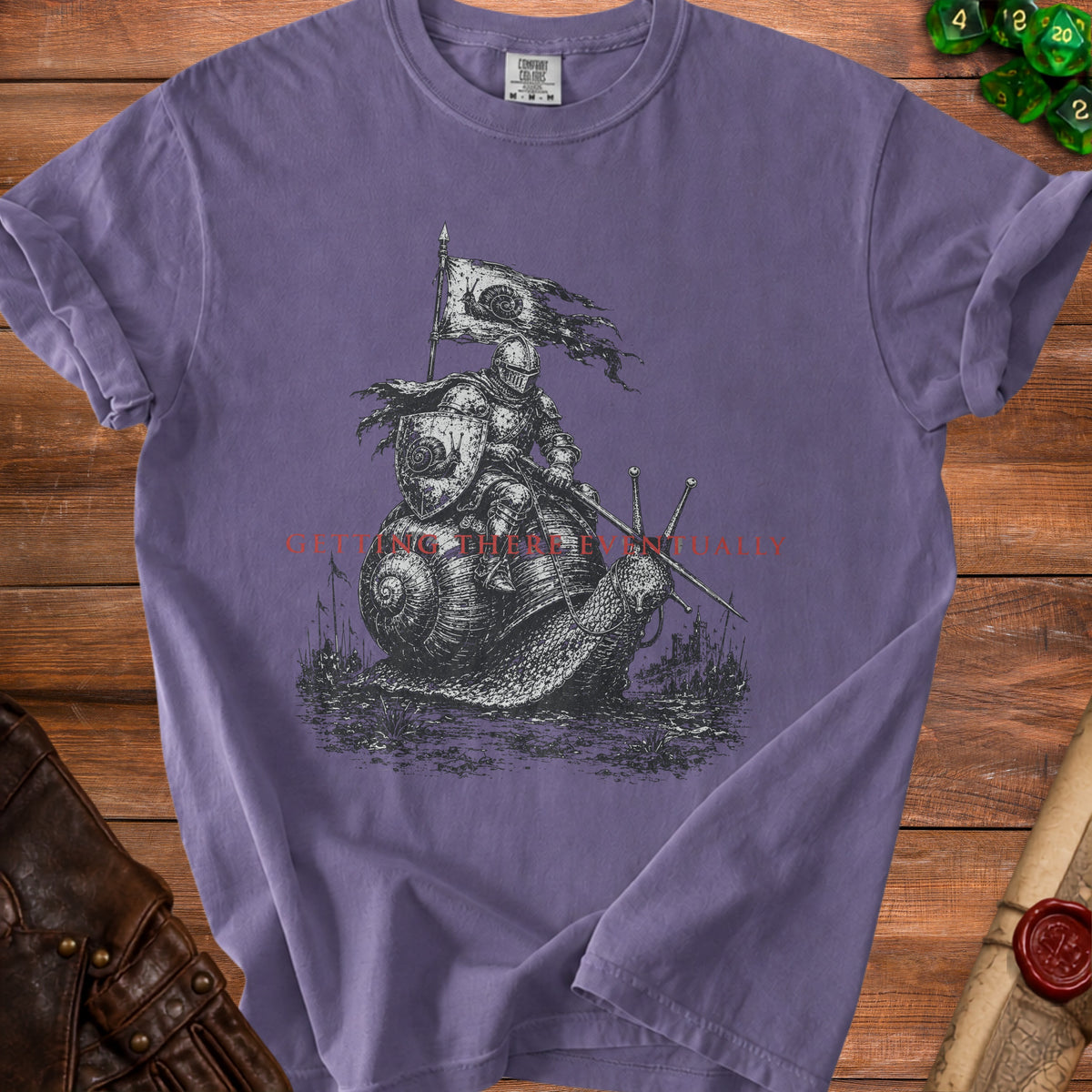 Knight in armor riding a snail with banner and text "GETTING THERE EVENTUALLY".