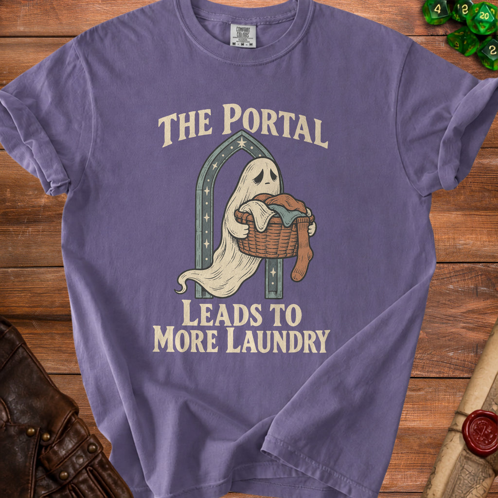 Ghost carrying laundry basket with text "The Portal Leads to More Laundry."