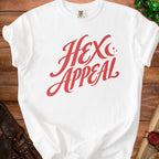 White t-shirt with red "Hex Appeal" text and a crescent moon graphic.