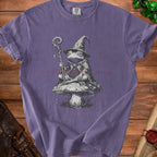 Frog wizard with staff and hat sitting on mushroom, "I FOLLOWED THE VIBES" text.