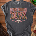 Dark grey t-shirt with "Dungeon Diva" text, leopard print, crown, and d20 die.