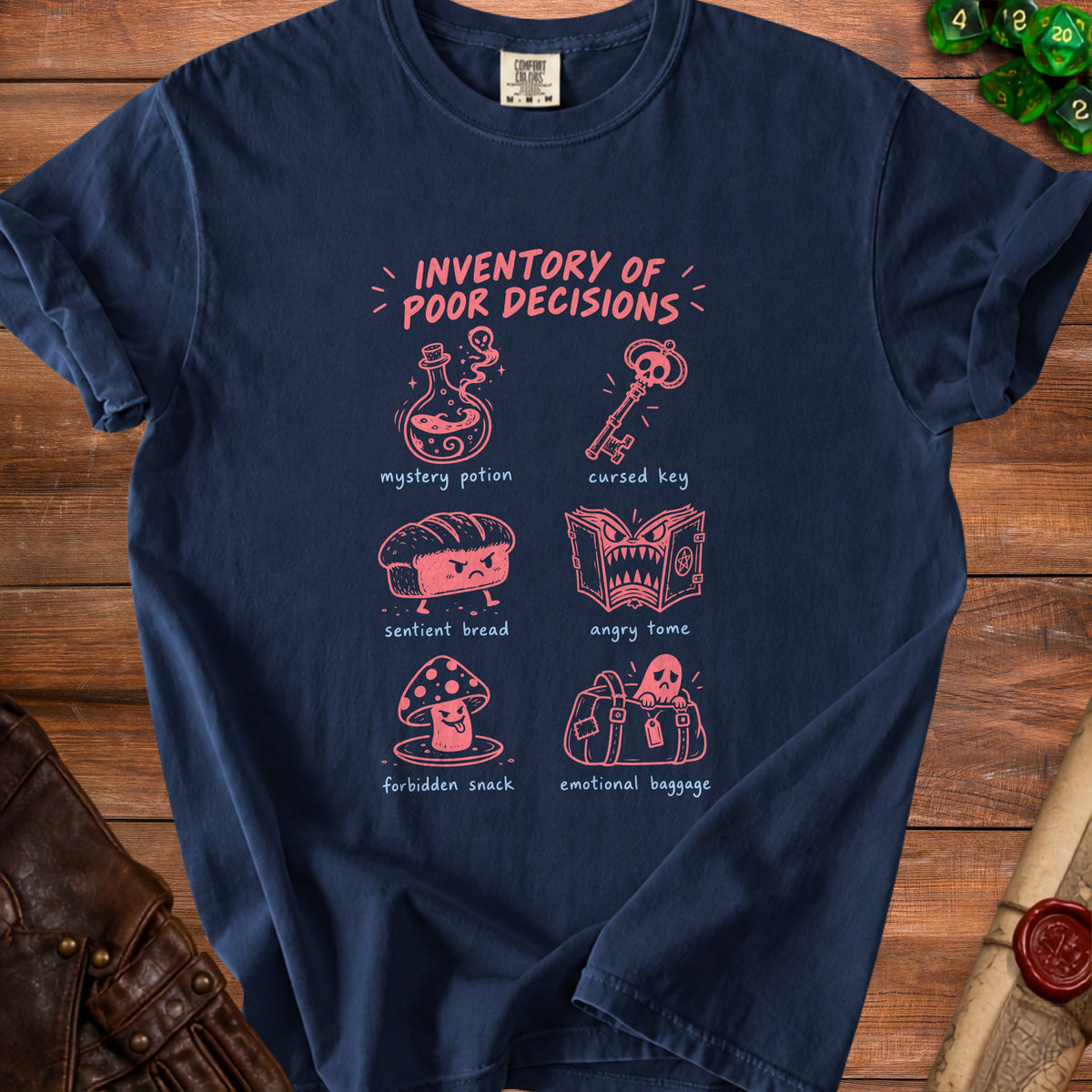 Navy t-shirt with "Inventory of Poor Decisions" text and six quirky illustrations.