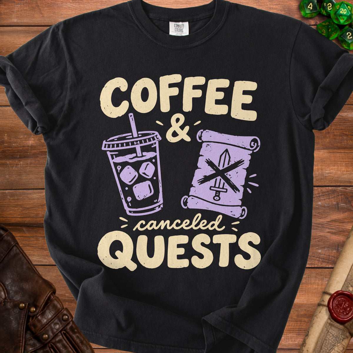 Black t-shirt with "Coffee & Canceled Quests" text and graphics.