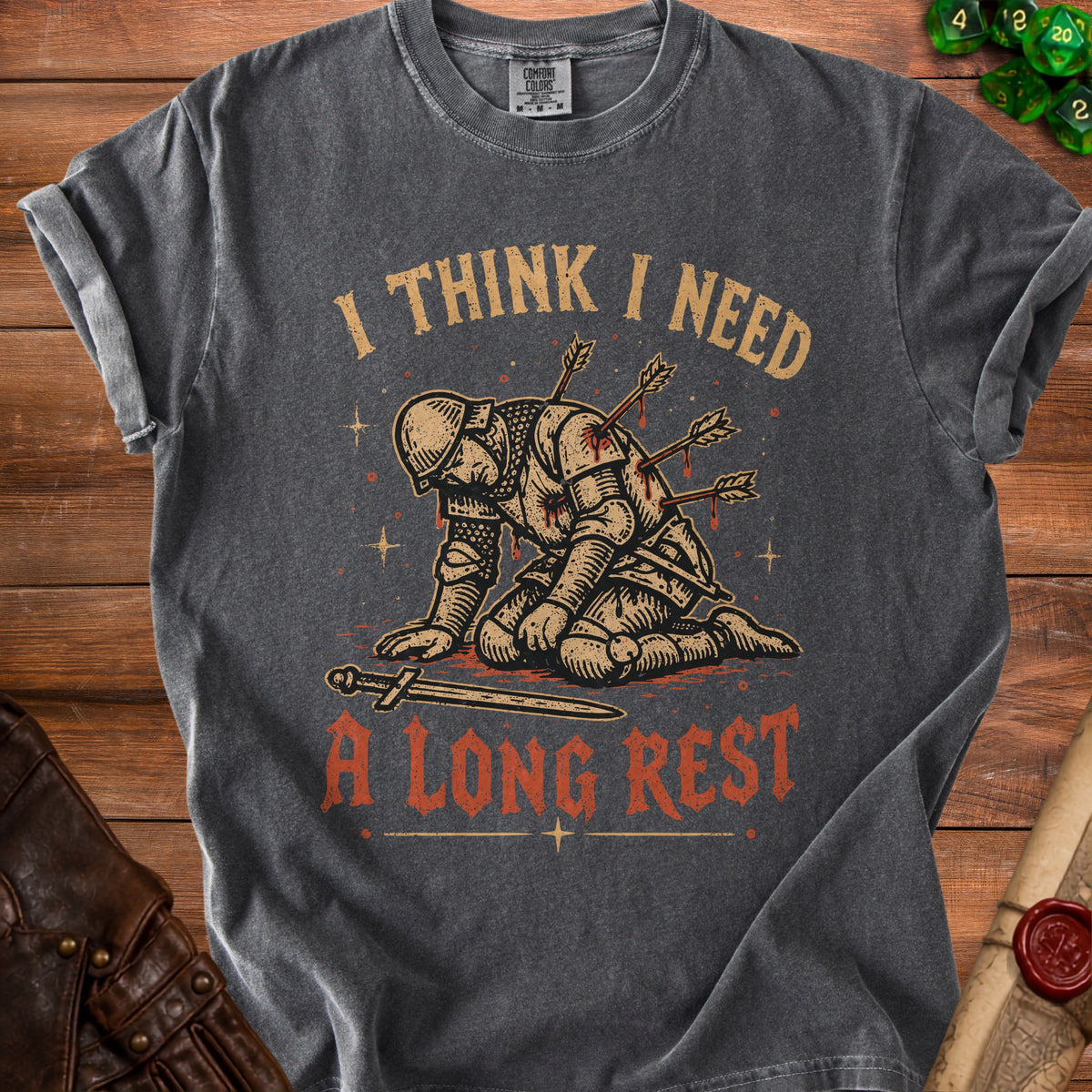 Dark grey t-shirt with knight graphic and text: "I THINK I NEED A LONG REST."