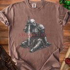 T-shirt with skeletal knight graphic and text "STILL WAITING...nevermind i'm dead".