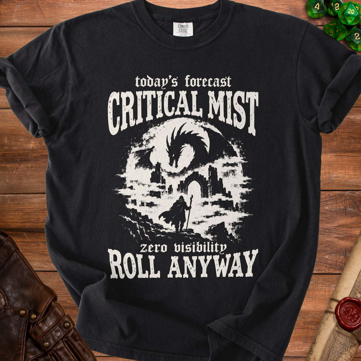 Black t-shirt with "Today's Forecast: Critical Mist" and dragon graphic.