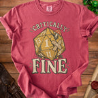 Red t-shirt with "CRITICALLY FINE" text and a damaged D20 dice graphic.