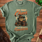Green t-shirt with illustration of a frog in a witch hat, text "Not Today Chaos" and "I Have Plans With My Cauldron".