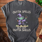Gray t-shirt with wizard goblin, shotgun, and text "Outta Spells But Not Outta Shells".