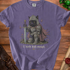 Black cat knight in armor holds sword with text "I hath had enough."