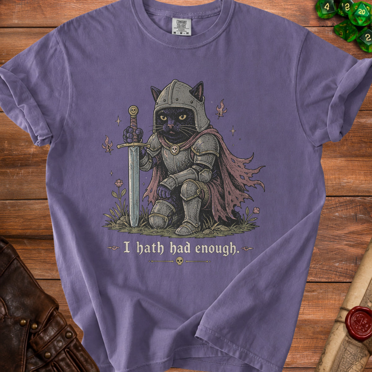 Black cat knight in armor holds sword with text "I hath had enough."